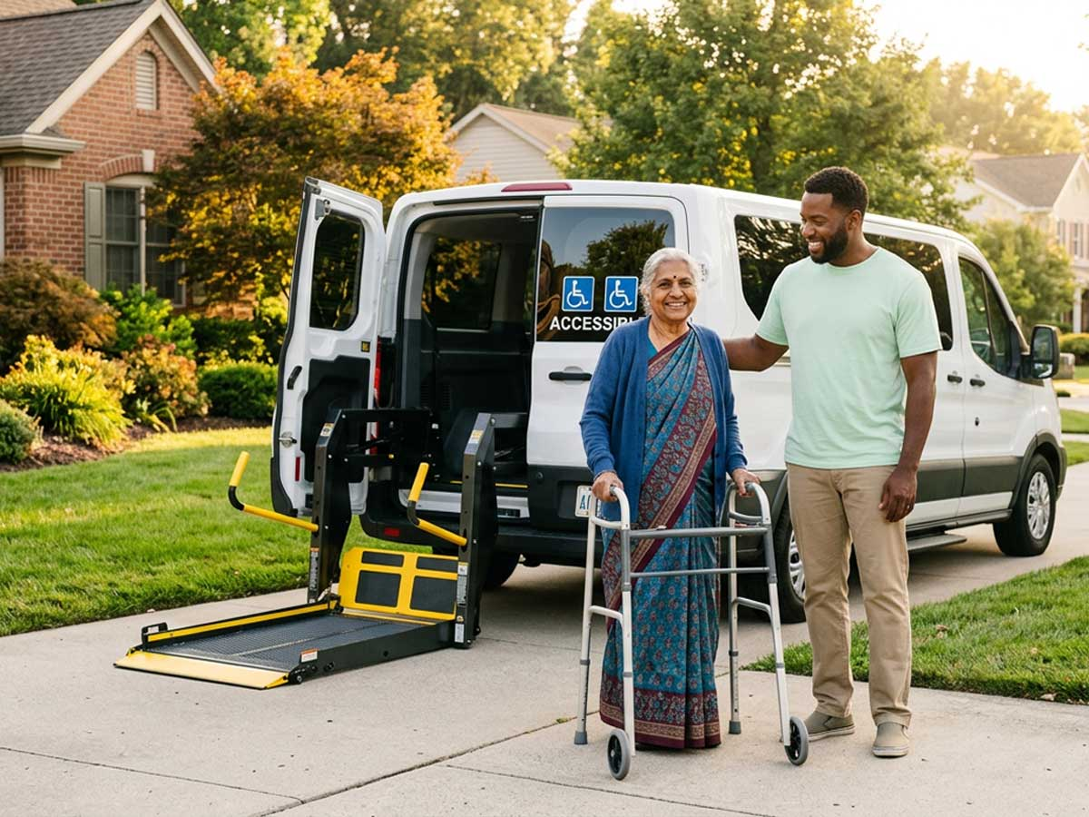 An older woman using a walker beside a driver and an accessible van