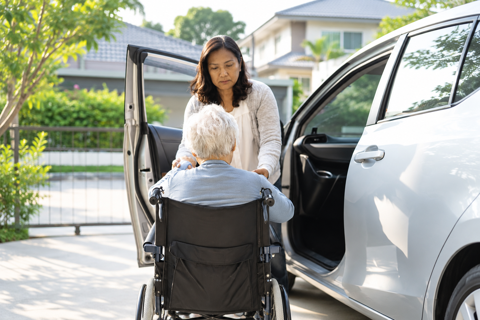 A woman assisting an older wheelchair user beside an open vehicle door